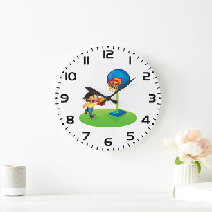 Kid Playing Basketball with Hoop Fun Sports Large Clock