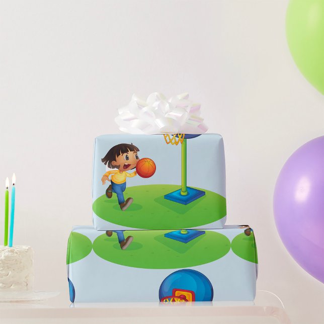 Kid Playing Basketball with Hoop Fun Sports Wrapping Paper (Creator Uploaded)
