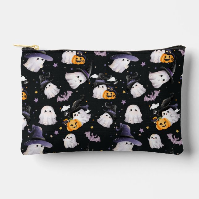 Kid’s Black & Purple Illustrated Ghost  Accessory Pouch (Front)
