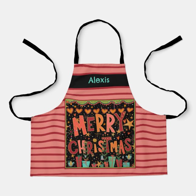 Kid’s Cute Merry Christmas Customised Name Pink Apron (Front)