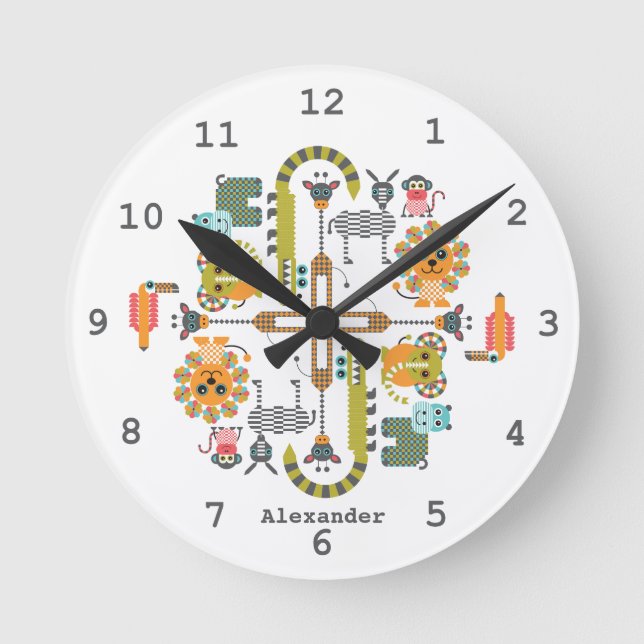 Kid’s Modern Jungle Safari Animals Wall Clock (Front)