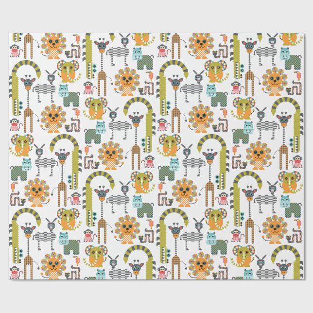 Kid’s Modern Jungle Safari Animals Wrapping Paper (Flat)