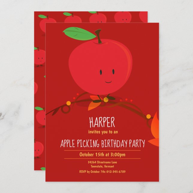 Kid’s Red Apple Picking Birthday Party Invitation (Front/Back)