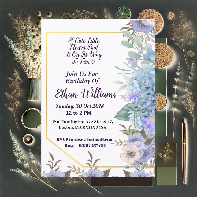 Kid Soft Blue Little Flower Bud Hydrangea Birthday Invitation (Kid Soft Blue Little Flower Bud Hydrangea Birthday Invitation)