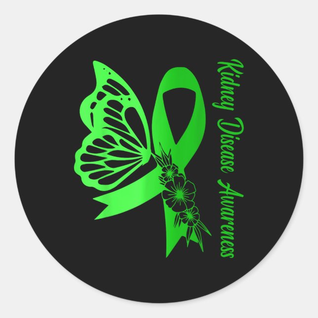 Kidney Disease Awareness Green Ribbon Butterfly Su Classic Round Sticker (Front)
