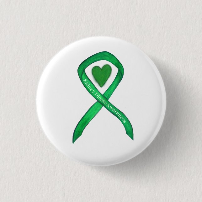 Kidney Disease Awareness Green Ribbon Heart Pins (Front)