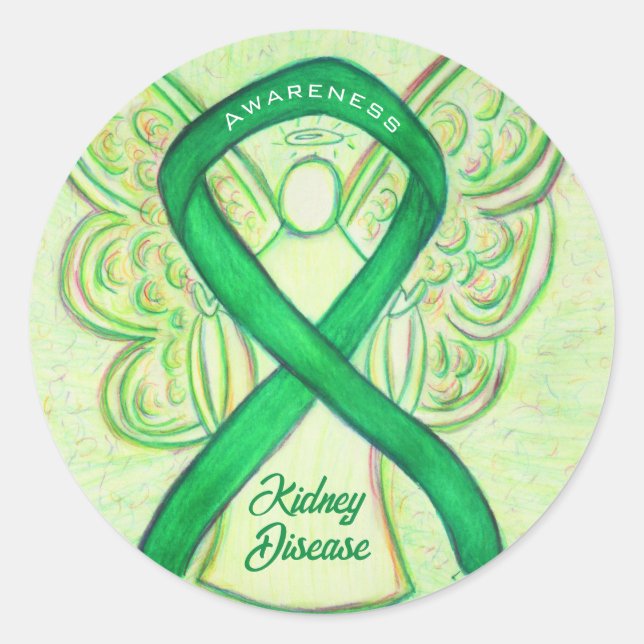 Kidney Disease Awareness Ribbon Angel Decal Classic Round Sticker (Front)