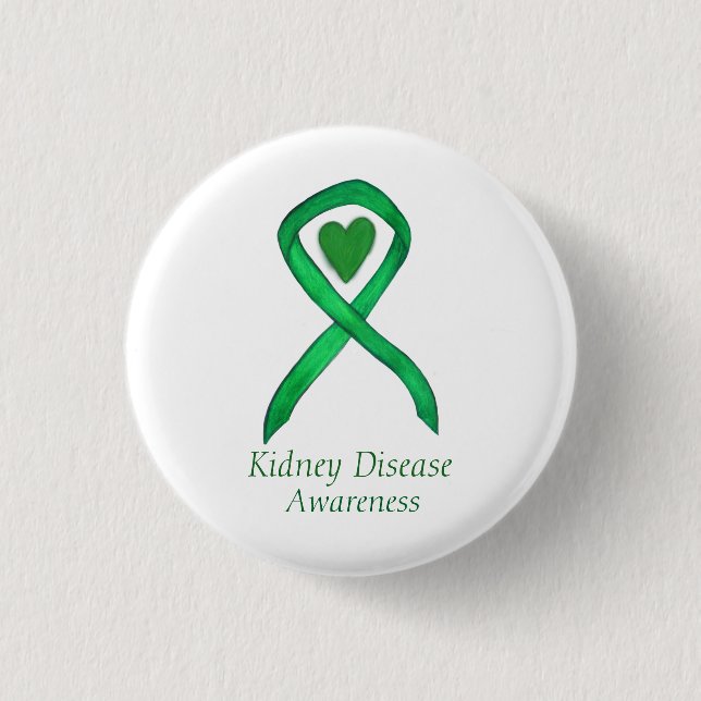 Kidney Disease Awareness Ribbon Heart Button Pin (Front)