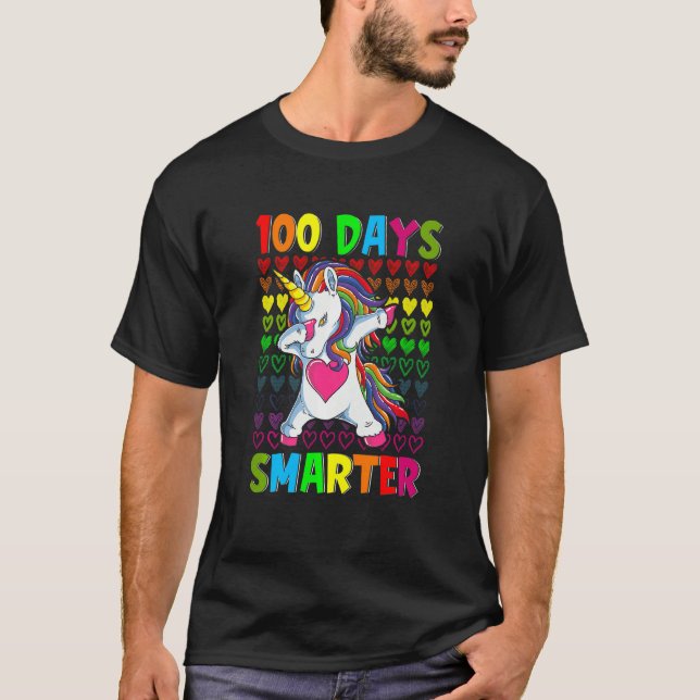 Kids 100 Days Smarter Hearts Dabbing Unicorn 100th T-Shirt (Front)