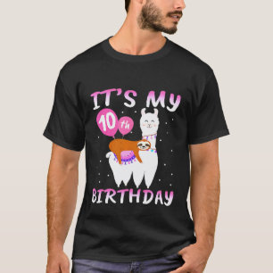 Kids 10 Years Old 10th Birthday Llama Sloth T-Shirt