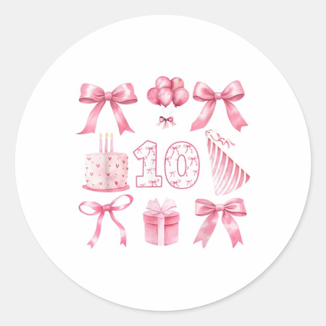 Kids 10th Coquette Birthday Party Ten Years Old Gi Classic Round Sticker (Front)