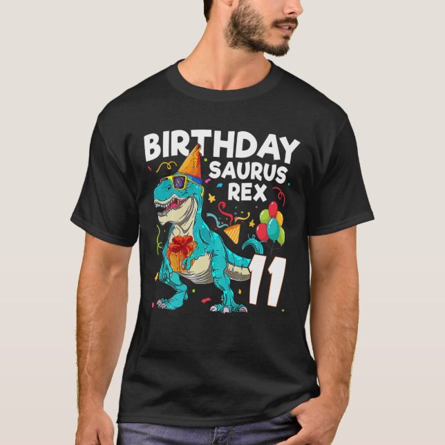 Kids 11 Years Old Boy And Girl 11Th Birthday Dinos T-Shirt (Front)