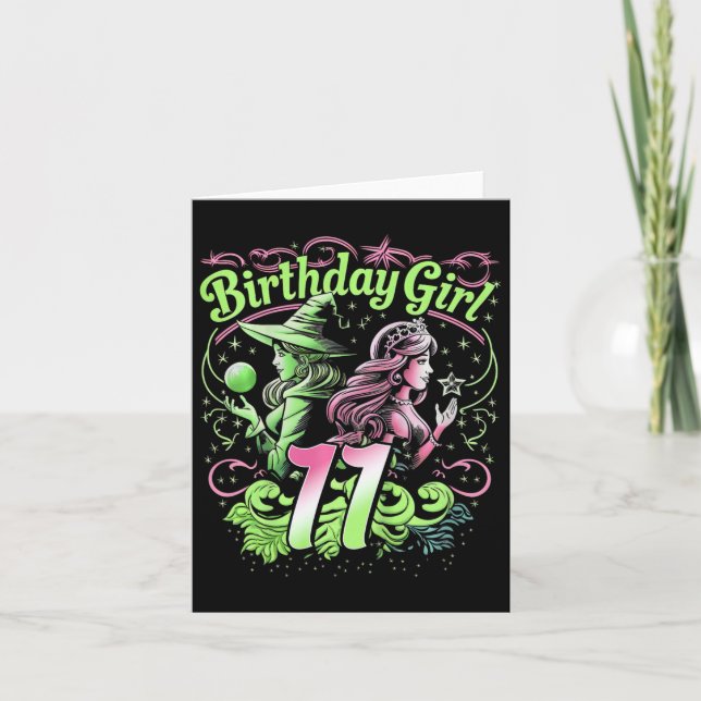 Kids 11th Birthday Witch Pink And Green 11 Year Ol Card (Front)