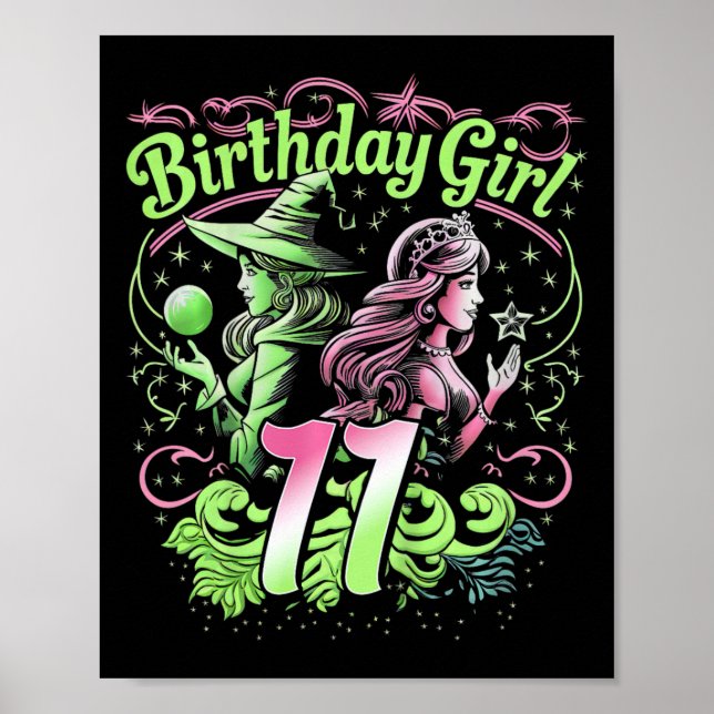 Kids 11th Birthday Witch Pink And Green 11 Year Ol Poster (Front)