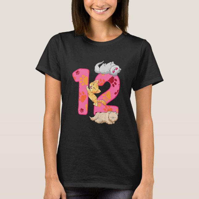 Kids 12th Birthday Kittens Balloon Cat Paw Themed  T-Shirt (Front)
