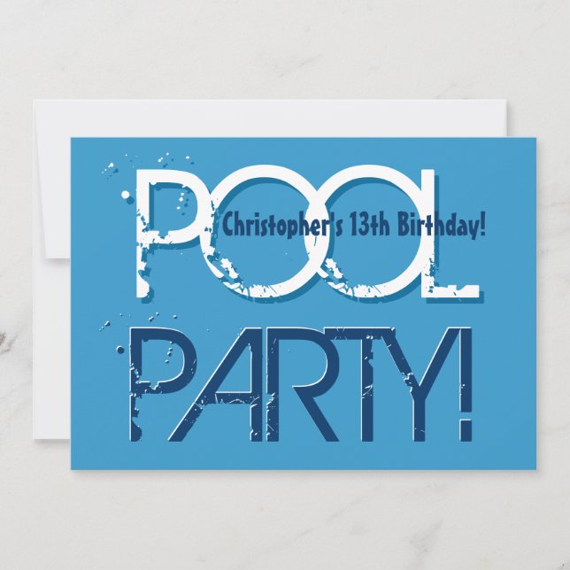Kid's 13th Birthday Pool Party Blue White W01 Invitation (Front)