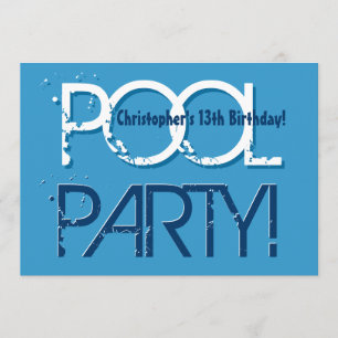 Kid's 13th Birthday Pool Party Blue White W01 Invitation