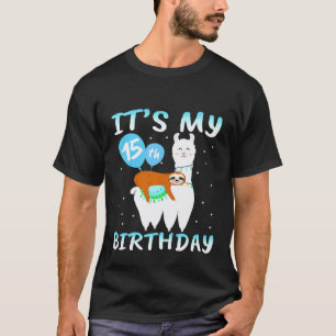 Kids 15 Years Old 15th Birthday Llama Sloth T-Shirt