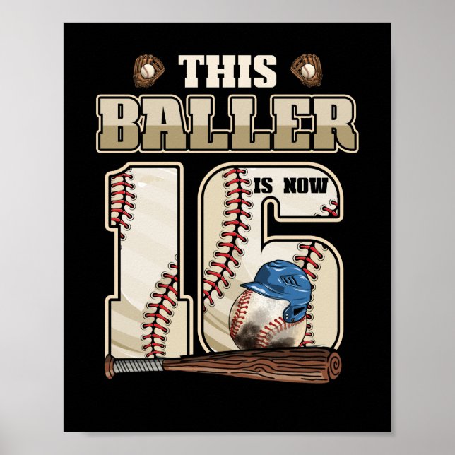 Kids 16th Birthday Baseball Boy Sixteen Year Old Poster (Front)