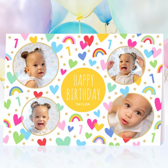 Kids 1st Birthday Cute Rainbow Photo Hearts Yellow Card (Creator Uploaded)