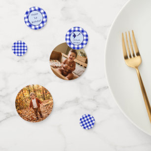 Kids 1st Birthday Photo Blue Gingham Fish  Confetti