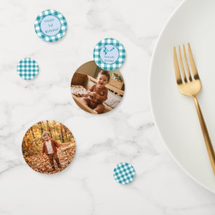 Kids 1st Birthday Photo Teal Blue Gingham Fish  Confetti
