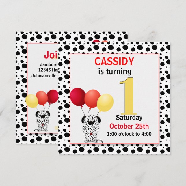Kid's 1st Birthday Red and Yellow Dalmatian Invitation (Front/Back)