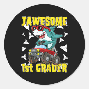 Kids 1st Grade Monster Truck Dinosaur Megalodon Sh Classic Round Sticker