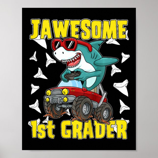 Kids 1st Grade Monster Truck Dinosaur Megalodon Sh Poster (Front)