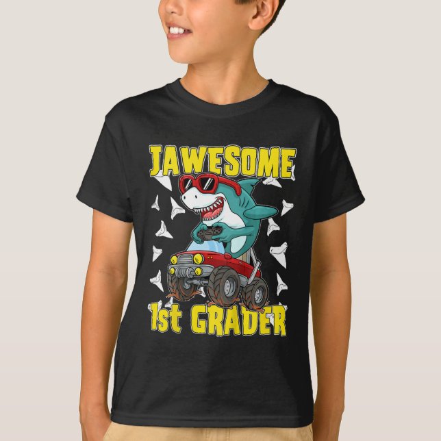 Kids 1st Grade Monster Truck Dinosaur Megalodon Sh T-Shirt (Front)