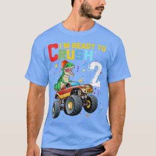 Kids 2nd Birthday Boy Monster Truck Dinosaur T Rex T-Shirt