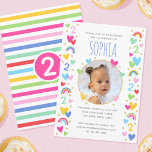 Kids 2nd Birthday Cute Rainbow Photo Hearts Pink Invitation<br><div class="desc">Celebrate the magic of turning two with these cute and colourful party invitations! A fun design personalised with your child's photo and lots of rainbows, hearts and stars. All the text can be customised, so you can include the information you want. The all-important birthday age is repeated throughout the pattern...</div>