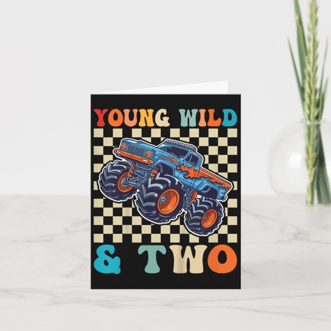Kids 2nd Birthday Monster Truck Young Wild And Two Card (Front)