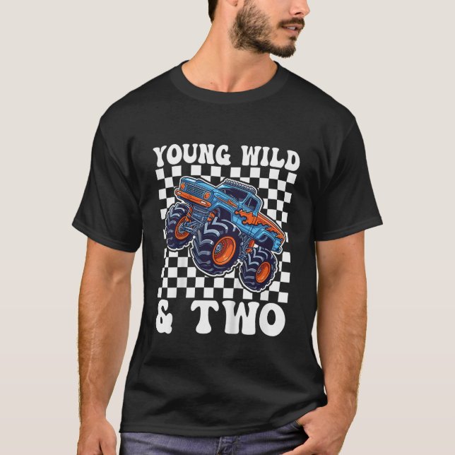 Kids 2nd Birthday Monster Truck Young Wild and Two T-Shirt (Front)