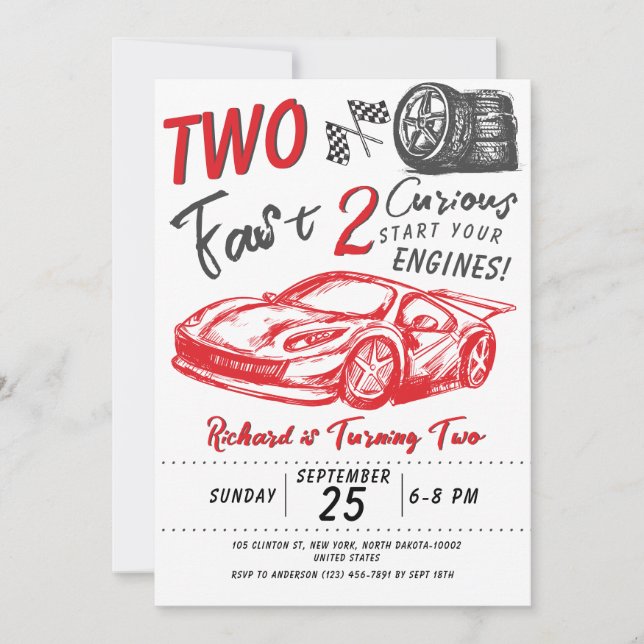 Kids 2nd Birthday Race Car Theme Birthday Party Invitation (Front)