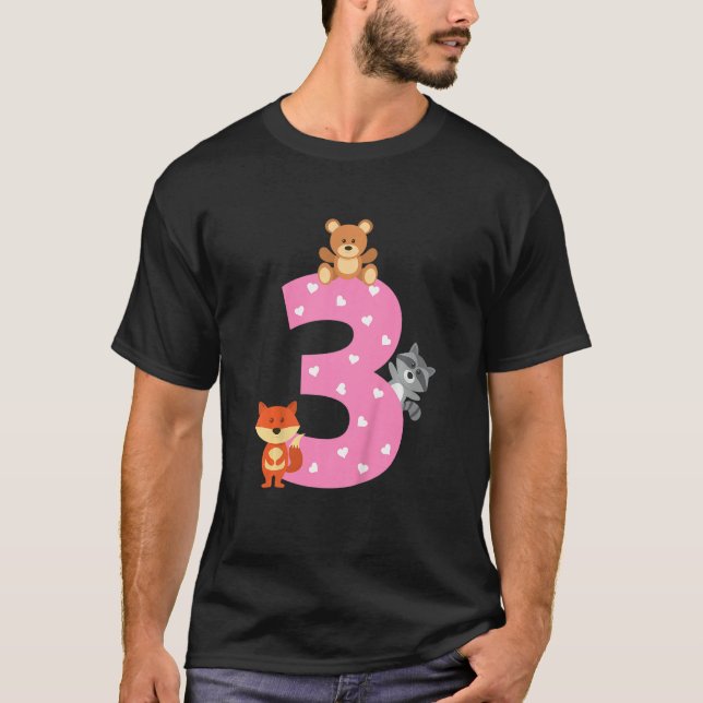Kids 3 3rd Third Birthday Party Fox Racoon Teddy  T-Shirt (Front)