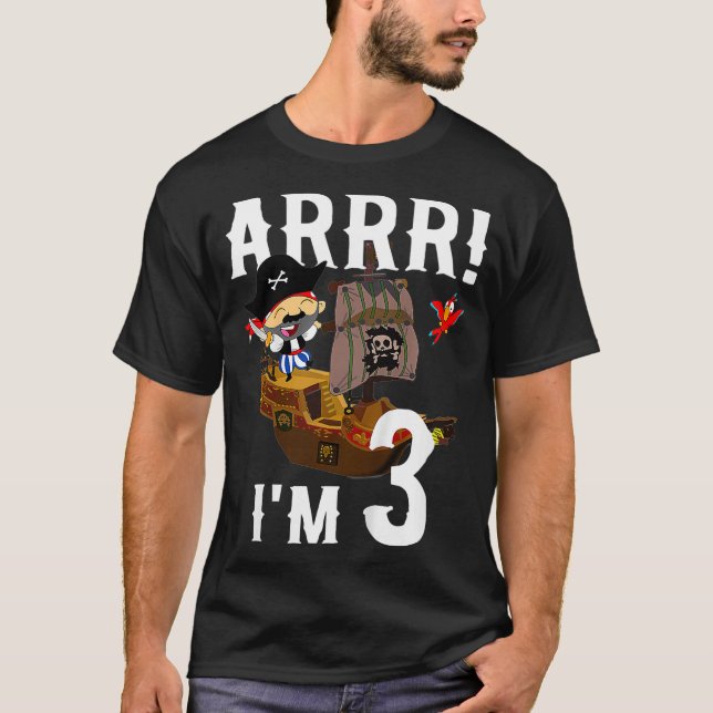 Kids 3 Year Old Pirate Birthday Party Pirates Ship T-Shirt (Front)