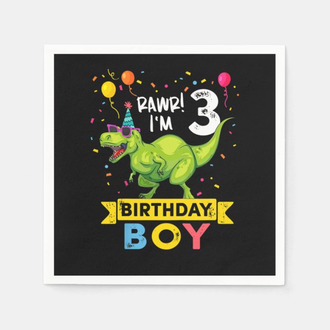 Kids 3 Year Old Shirt 3rd Birthday Boy T Rex Dinos Napkin (Front)