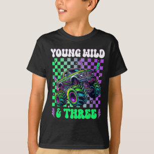 Kids 3rd Birthday Boy Monster Truck Young Wild And T-Shirt