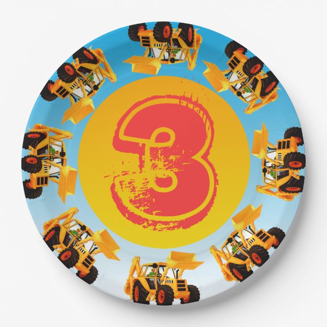 Kid's 3rd Birthday Digger Construction Truck Party Paper Plate (Front)