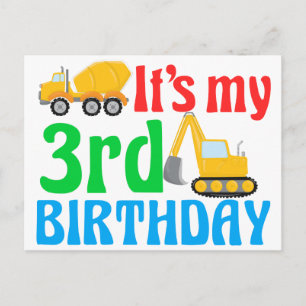 Kids 3rd Birthday Party Boys Construction Vehicle Postcard