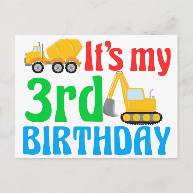 Kids 3rd Birthday Party Boys Construction Vehicle Postcard (Front)