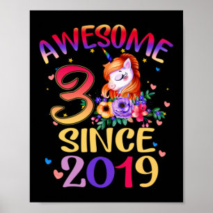 Kids 3rd Birthday Party Cute Unicorn Girl 3 Years Poster