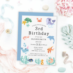 Kids 3rd Birthday Party Sea Animals Invitation