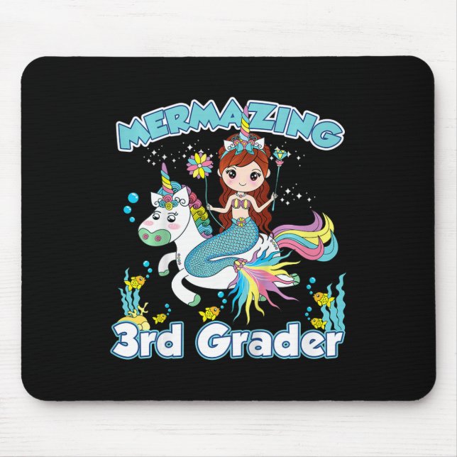 Kids 3rd Grade Mermaid Riding Unicorn Back to Scho Mouse Mat (Front)