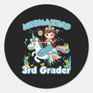 Kids 3rd Grade Mermaid Riding Unicorn Ck To School Classic Round Sticker