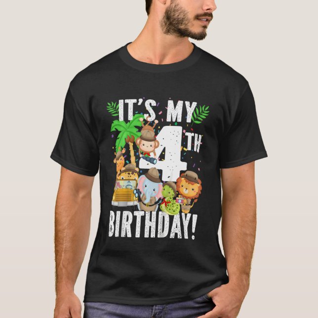 Kids 4  FOUR  year old zoo birthday safari jungle  T-Shirt (Front)
