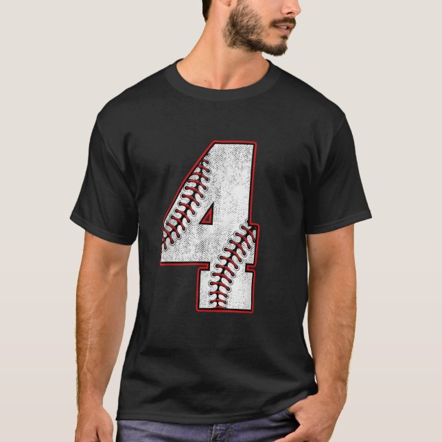 Kids 4 Year Old 4th Birthday Baseball Party Number T-Shirt (Front)