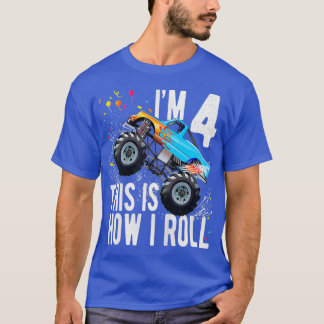 Kids 4 Year Old 4th Birthday Boy Monster Truck Car T-Shirt