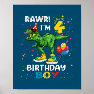 Kids 4 Year Old 4th Birthday Boy T Rex Dinosaur  Poster